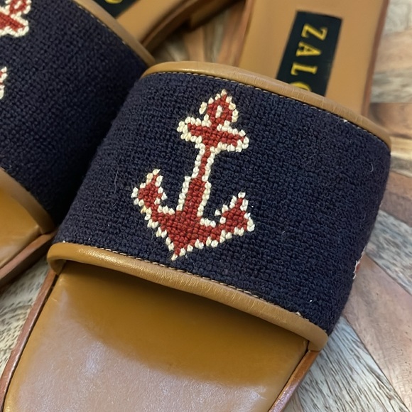 Zalo Needlepoint Anchor leather slide sandals size 7 - Picture 2 of 8